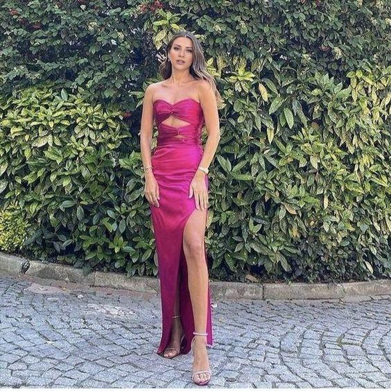 TingPo Wholesale Sheath Strapless Hot Pink Floor Length Sleeveless Prom Dress